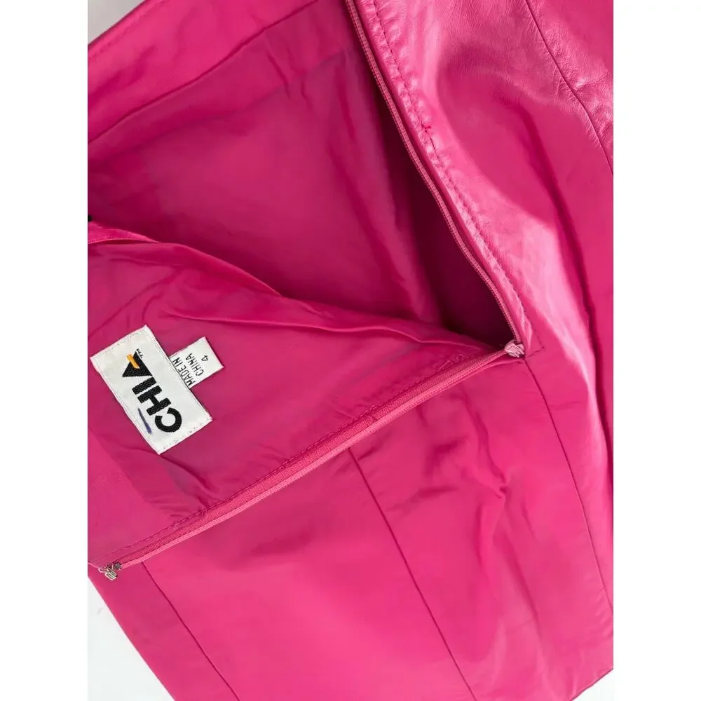 Chia Vintage Hot Pink Leather Skirt Womens 4 Short Zip Up Lined 80s 90s Retro
